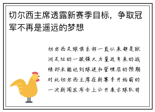 切尔西主席透露新赛季目标，争取冠军不再是遥远的梦想